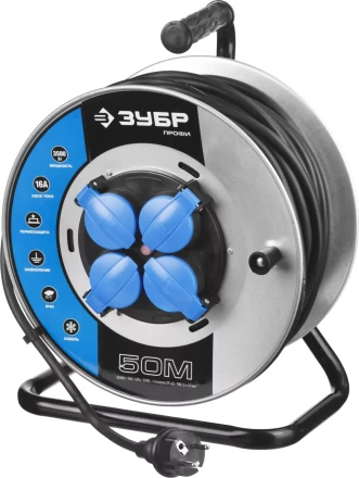 Удлинитель ЗУБР "ПРОФИ" на металл катушке, КГ 3х1,5кв мм, морозостойкий, 4 гнезда, IP44, макс мощность 3500Вт, 50м 55085-50 купить в Надыме