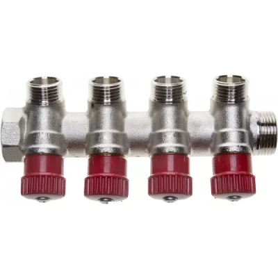 Коллектор GENERAL FITTINGS для горячей воды, вентили, никелированная латунь, вход 3/4" - 4 выхода 1/2" 51046-3/4-1/2-HT4