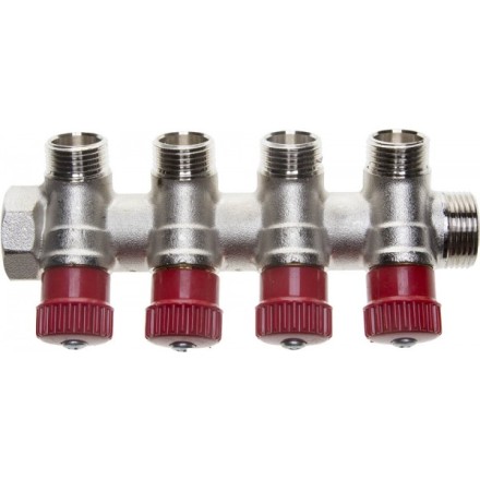 Коллектор GENERAL FITTINGS для горячей воды, вентили, никелированная латунь, вход 3/4&quot; - 4 выхода 1/2&quot; 51046-3/4-1/2-HT4 купить в Надыме