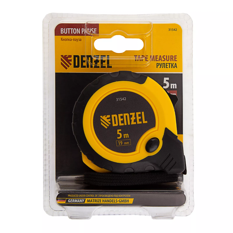 Рулетка Denzel 5м х 19мм, двухкомп. корпус, кнопка-пауза, 31542 купить в Надыме