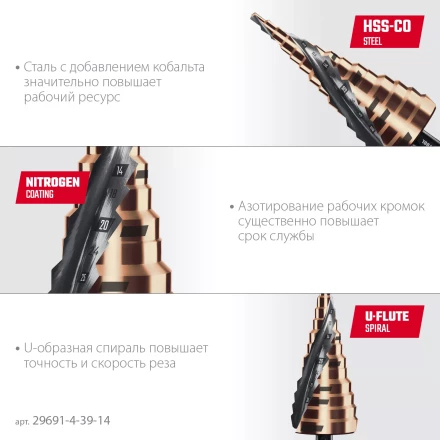 Ступенчатые сверла, сталь c кобальтом, спиральная проточка, 3Т хвостовик 29691-4-39-14 купить в Надыме