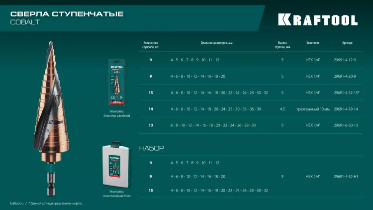 Ступенчатые сверла, сталь c кобальтом, спиральная проточка, 3Т хвостовик 29691-4-39-14 купить в Надыме