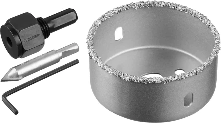 Коронка-чашка ЗУБР "ПРОФЕССИОНАЛ" c карбид-вольфрамовым нанесением, 64 мм, высота 25 мм, в сборе с державкой и сверлом 33360-064_z01 купить в Надыме