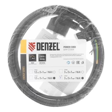 Шнур сетевой Denzel Energy Series, ПВС, 3 м, 3 x 1 мм, с неразборной вилкой, черный, 3 м, 37667 купить в Надыме