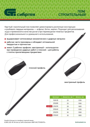 Лом строительный Сибртех 253295, D 28 мм, L 1800 мм, круглый купить в Надыме