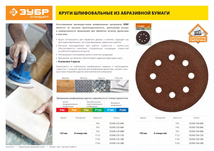 Круг шлифовальный ЗУБР "СТАНДАРТ" из абразивной бумаги на велкро основе, 8 отв., Р180, 125мм, 5шт 35350-125-180 купить в Надыме