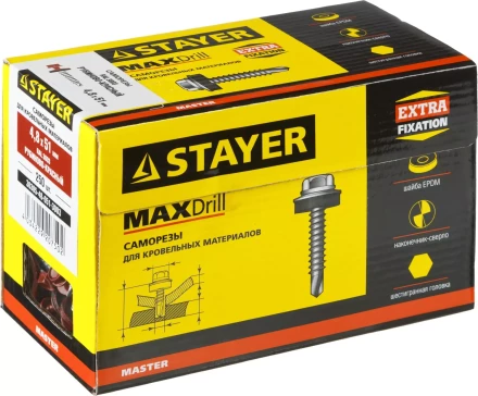 Саморезы СКД кровельные, RAL 3003 рубиново-красный, 51 х 4.8 мм, 250 шт, для деревянной обрешетки, STAYER 30305-48-051-3003 купить в Надыме