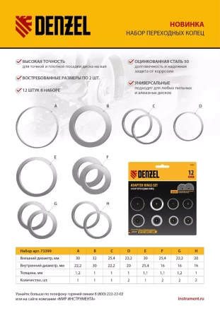 Кольца переходные 32х30, 30х25,4, 25,4х22.2, 22.2х20, 20х16, 30х22.2, 25.4х16, 22.2х16 мм. Denzel 73399 купить в Надыме