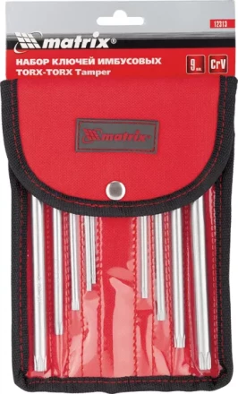 Набор ключей шестигранных имбусовых TORX-TORX Tamper, 9 шт:T10-T50, CrV,  удлиненные, сатин., чехол  MATRIX 12313 купить в Надыме
