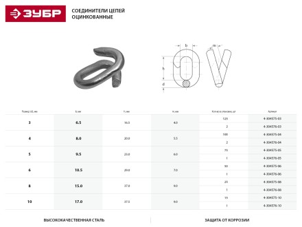 Соединитель цепей ЗУБР, оцинкованный, 10мм, 15 шт 4-304575-10 купить в Надыме