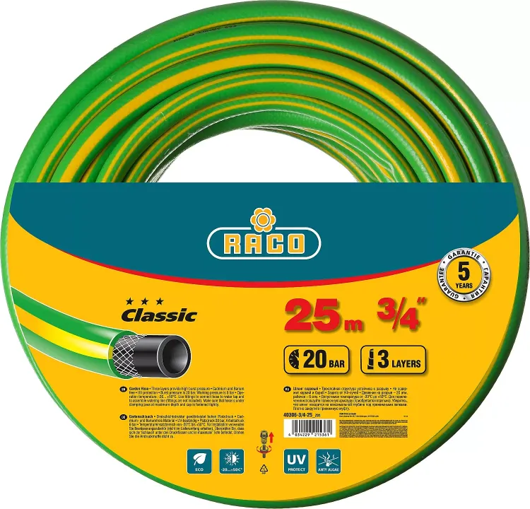 Шланг RACO CLASSIC поливочный, 20атм., армированный, 3-х слойный, 3/4"х25м 40306-3/4-25_z01 купить в Надыме