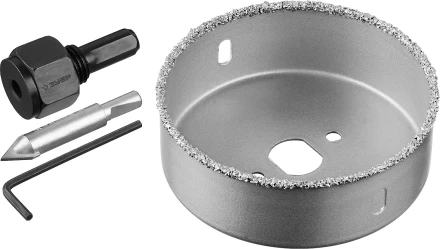 Коронка-чашка ЗУБР "ПРОФЕССИОНАЛ" c карбид-вольфрамовым нанесением, 89 мм, высота 25 мм, в сборе с державкой и сверлом 33360-089_z01 купить в Надыме