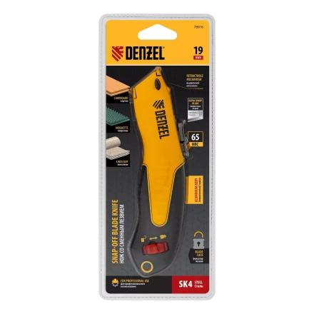 Нож Denzel, 19мм, сменное трапециевидное  лезвие, SK4, алюминиевый корпус, торцевой зажим купить в Надыме