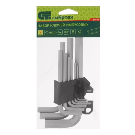 Набор ключей имбусовых, HEX, 2-12 мм, CrV, 9 шт. Сибртех 123677 купить в Надыме