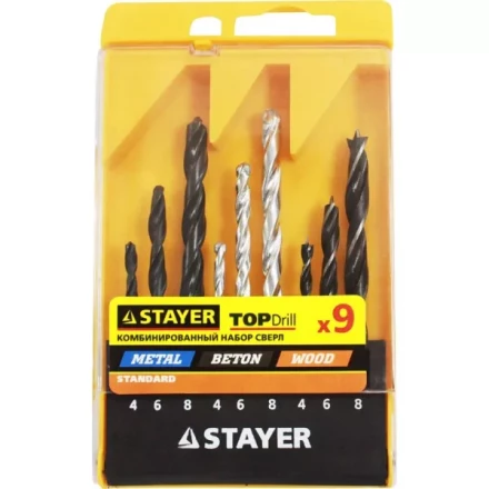 Набор STAYER "STANDARD": Сверла комбинированные, дерево (4-6-8мм), металл (4-6-8мм), бетон (4-6-8мм), 9 предметов 29720-H9 купить в Надыме