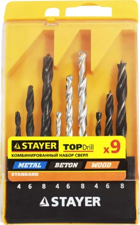 Набор STAYER "STANDARD": Сверла комбинированные, дерево (4-6-8мм), металл (4-6-8мм), бетон (4-6-8мм), 9 предметов 29720-H9 купить в Надыме