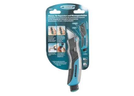 Нож ремонтно-монтажный, трехкомпонентная рукоятка, кнопочный авто выброс/возврат лезвия, 175 мм + 5 з.л GROSS 78879 купить в Надыме