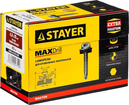 Саморезы СКД кровельные, RAL 3005 темно-красный, 29 x 4.8 мм, 400 шт, для деревянной обрешетки, STAYER 30305-48-029-3005 купить в Надыме