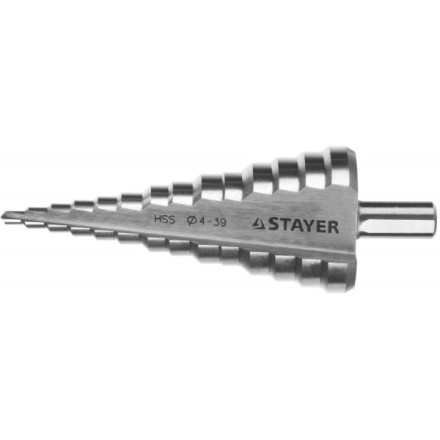 Сверло STAYER &quot;MASTER&quot; ступенчатое по сталям и цвет.мет., сталь HSS, d=4- 39мм,14ступ.d4-39,L -113 мм, трехгран.хв. 10мм 29660-4-39-14 купить в Надыме