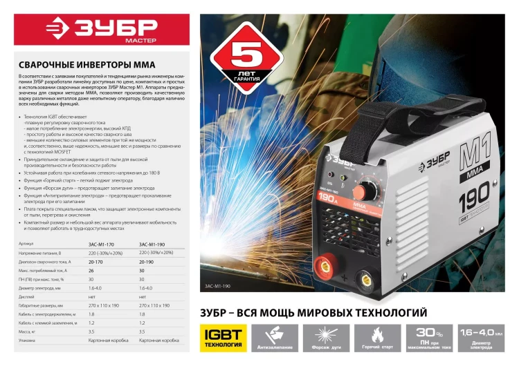 Сварочный инвертор ММА ЗАС-М1-190 серия МАСТЕР купить в Надыме