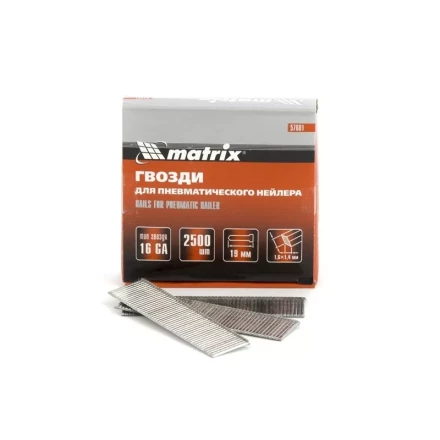 Гвозди 16GA для пневм. нейлера сечение 1,6х1,4 длина 19 мм 2500 шт MATRIX 57601 купить в Надыме
