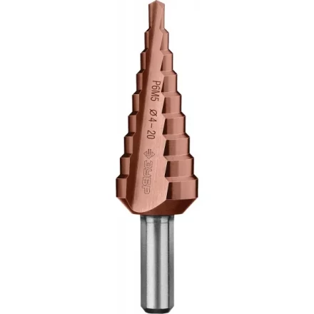 Сверло ЗУБР "КОБАЛЬТ" ступен. по сталям и цвет. мет. ст. Р6М5 с кобальт. покрыт., d=4-20мм, 9ст. d=4-20, L-75мм, 3-хгр.хв.8мм 29672-4-20-9_z01 купить в Надыме