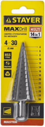 Сверло STAYER "MASTER" ступенчатое по сталям и цвет.мет., сталь HSS, d=4-30мм, 14ступ.d4-30, L-100мм, трехгран. хв.10мм 29660-4-30-14 купить в Надыме