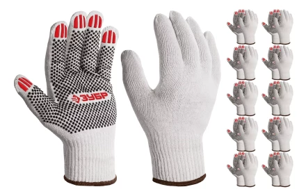 ЗУБР ОПТИМА, XL (10), х/б перчатки с ПВХ покрытием (точка), 10 класс, 10 пар (11440-XL10) купить в Надыме