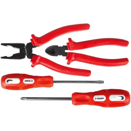 Набор слесарно-монтажного инструмента ЗУБР "МАСТЕР": 2 отвертки, плоскогубцы и бокорезы, 4 предмета 22015-H4 купить в Надыме