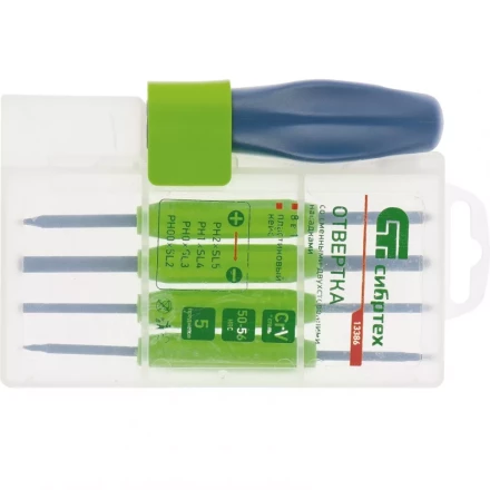 Отвертка со сменными двухсторонними насадками 8 в 1 в пластиковом кейсе CrV Сибртех артикул 13386 купить в Надыме