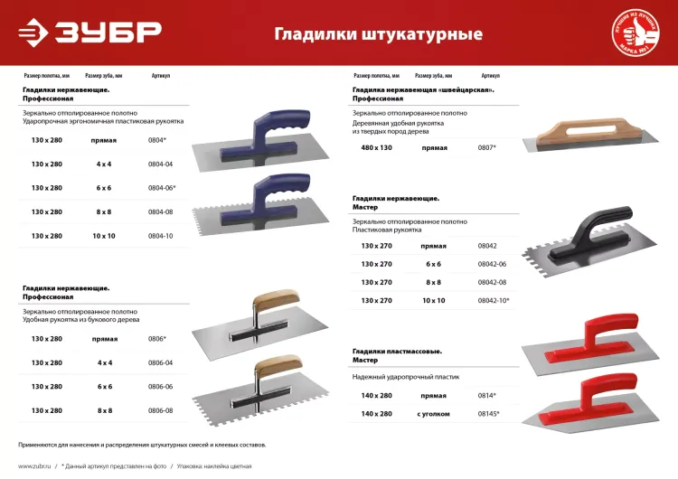 Гладилки нержавеющие с пластиковой ручкой Зубр Эксперт серия ПРОФЕССИОНАЛ купить в Надыме