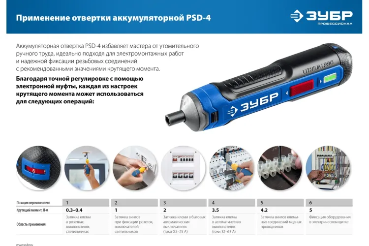 ЗУБР ZUBR GO 4 Vmax, аккумуляторная отвертка, Профессионал (PSD-4) купить в Надыме