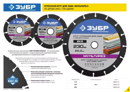 Отрезной круг "МУЛЬТИРЕЗ-ВК8" для УШМ, 230х22,2мм, ЗУБР 36859-230 купить в Надыме