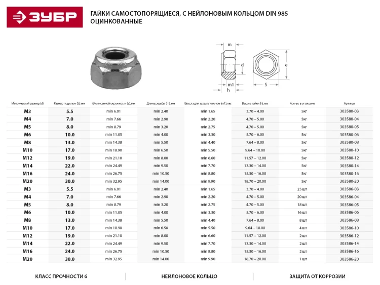 Гайка ЗУБР "МАСТЕР" DIN 985 самостопорящаяся, с нейлоновым кольцом, класс прочности 8, оцинкованная, M5, 5кг 303580-05 купить в Надыме
