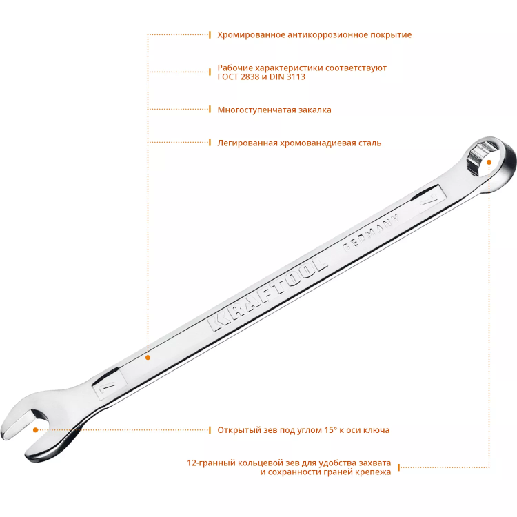 Ключи комбинированные KRAFTOOL, Cr-V, DIN 3113 27079-07 купить в Надыме