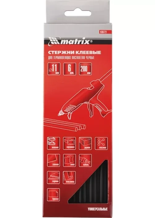 Стержни клеевые, чёрный, 11*200мм, 6 шт./упак. MATRIX 930721 купить в Надыме