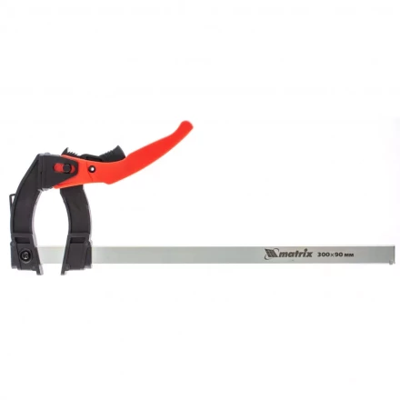 Струбцина реечная быстрозажимная пластиковый корпус рычажно-храповой механизм 300 х 90 х 390 мм штанга 5 х 20 мм Matrix 20738 купить в Надыме