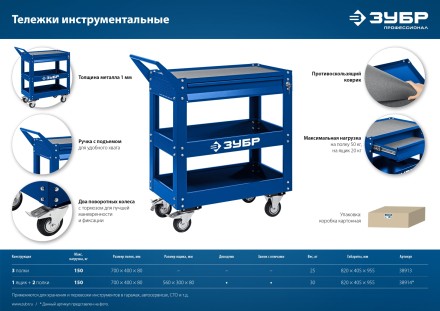 ЗУБР 820 х 405 х 955 мм, инструментальная тележка с 3 полками, Профессионал (38913) купить в Надыме