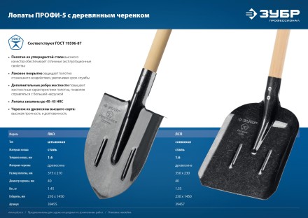 ЗУБР ПРОФИ-5 350х230х1450мм, полотно рессор.сталь 1.6мм закалено, c ребрами жестк., черенок высш.сорт, тип ЛСП, совковая лопата, Профессионал (39457) купить в Надыме