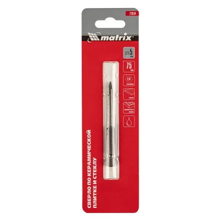 Сверло по керамической плитке и стеклу, 5 мм, шестигранный хвостовик Matrix 72834 купить в Надыме