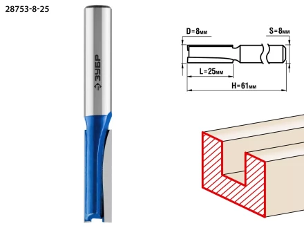 ЗУБР 8 x 25 мм, хвостовик 8 мм, фреза пазовая прямая, Профессионал (28753-8-25) купить в Надыме