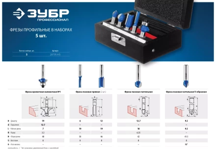ЗУБР 5 шт, набор профильных фрез по дереву, Профессионал (28795-H5) купить в Надыме