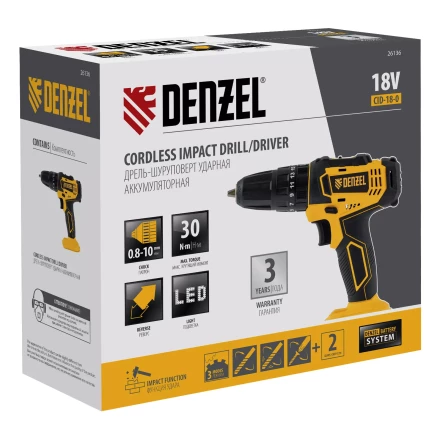 Дрель-шуруповерт аккумуляторная ударная Denzel CID-18-0, Li-Ion, 18 В 26136 купить в Надыме