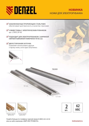 Ножи для эл. рубанка Denzel 782400, Р6М5, 82мм, 2шт купить в Надыме