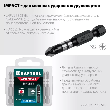 Биты для ударных шуруповертов KRAFTOOL Impact Pro PZ 26193-2-50-S10 купить в Надыме