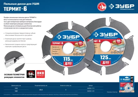 ЗУБР Термит-6, 125 х 22.2 мм, 6 резцов, для УШМ, усиленный, пильный диск по дереву, Профессионал (36858-125) купить в Надыме