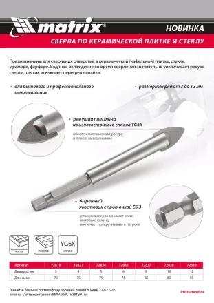 Сверло по керамической плитке и стеклу, 8 мм, шестигранный хвостовик Matrix 72837 купить в Надыме