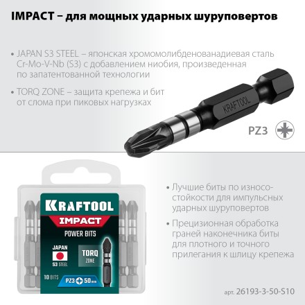 Биты для ударных шуруповертов KRAFTOOL Impact Pro PZ 26193-3-50-S10 купить в Надыме
