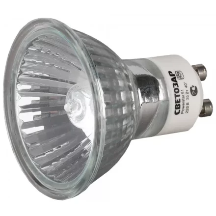 Лампа галогенная СВЕТОЗАР с защитным стеклом, алюм. отражатель, цоколь GU10, диаметр 51мм, 75Вт, 220В SV-44827 купить в Надыме