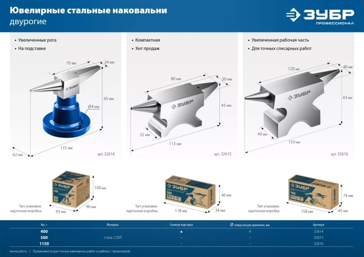 ЗУБР 400 г настольная, ювелирная стальная наковальня, Профессионал (32614) купить в Надыме